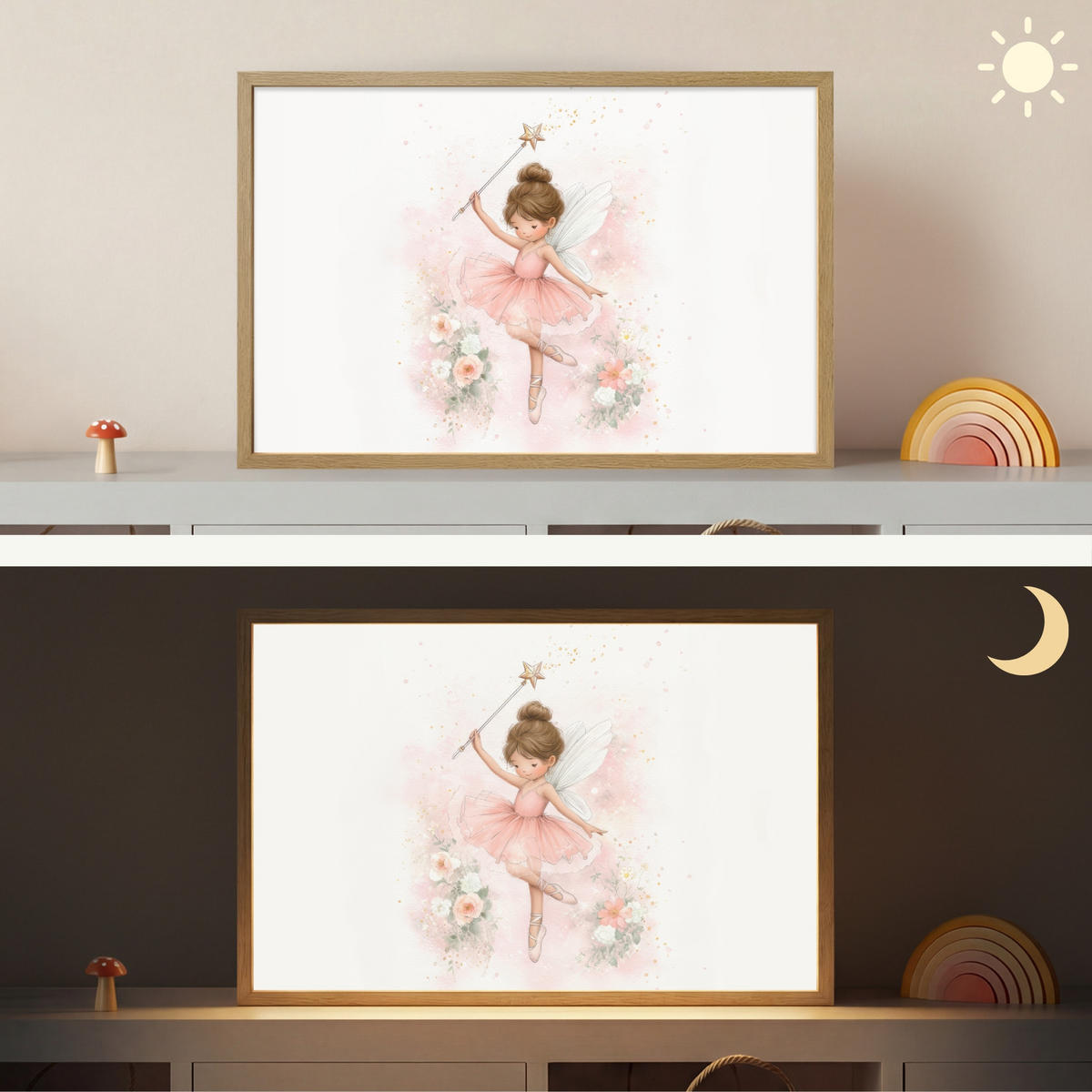 NÁSTĚNNÁ LAMPA S AKUMULÁTOREM Baletka - Víla - Květiny - Růžová 60x40 cm - růžová, kompozitní dřevo (60/40/8cm) - OnlyWow