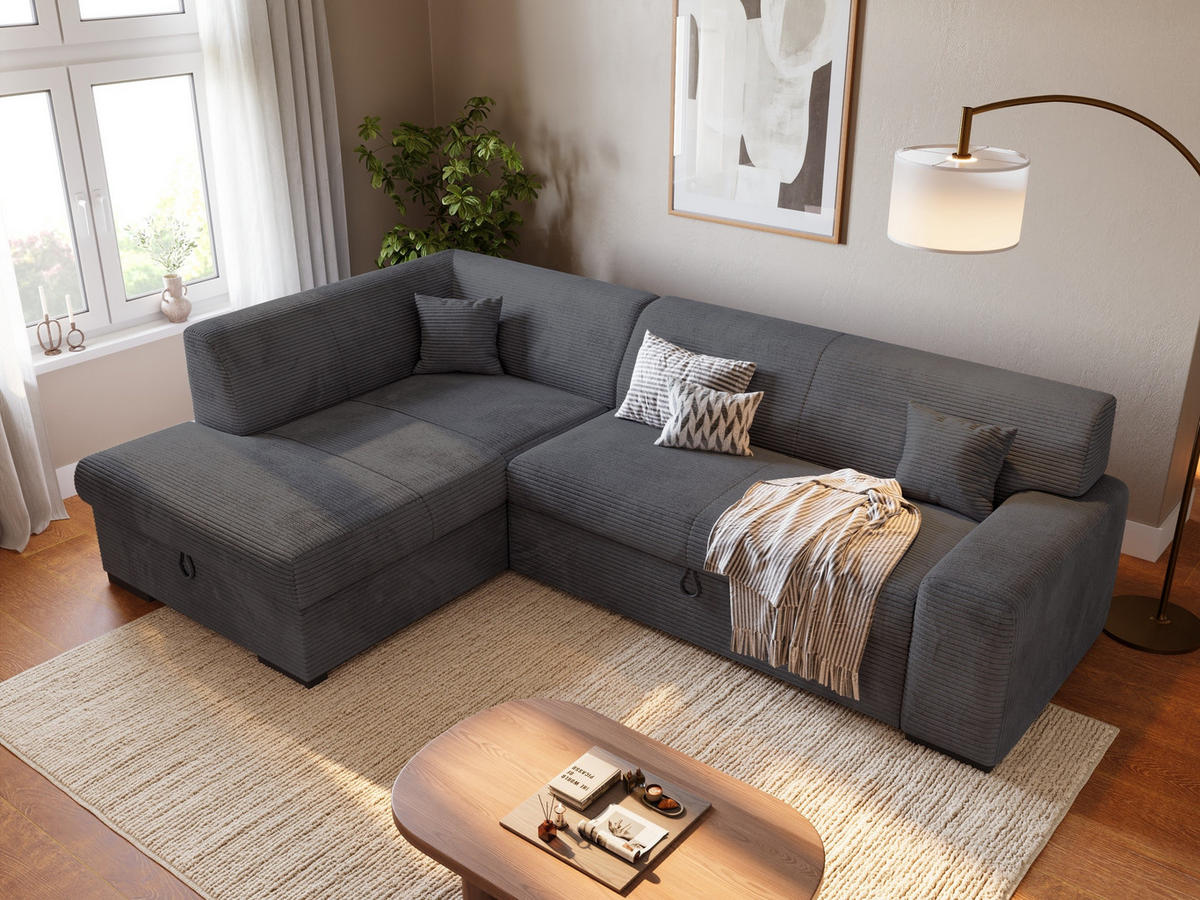 ECKSOFA mit Schlaffunktion Cordstoff MILENZO Grau Links - Grau, Holz (260/175cm) - Bromarkt