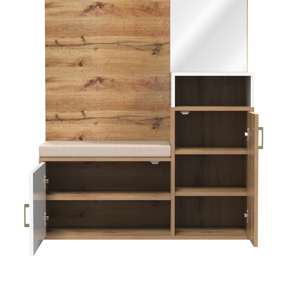 SCHUHSCHRANK aus MDF & Spanplatte 105x40x190,5cm in Weiß & Holz mit Spiegel - Weiß, Holzwerkstoff (105/190.5/40cm) - Modfu