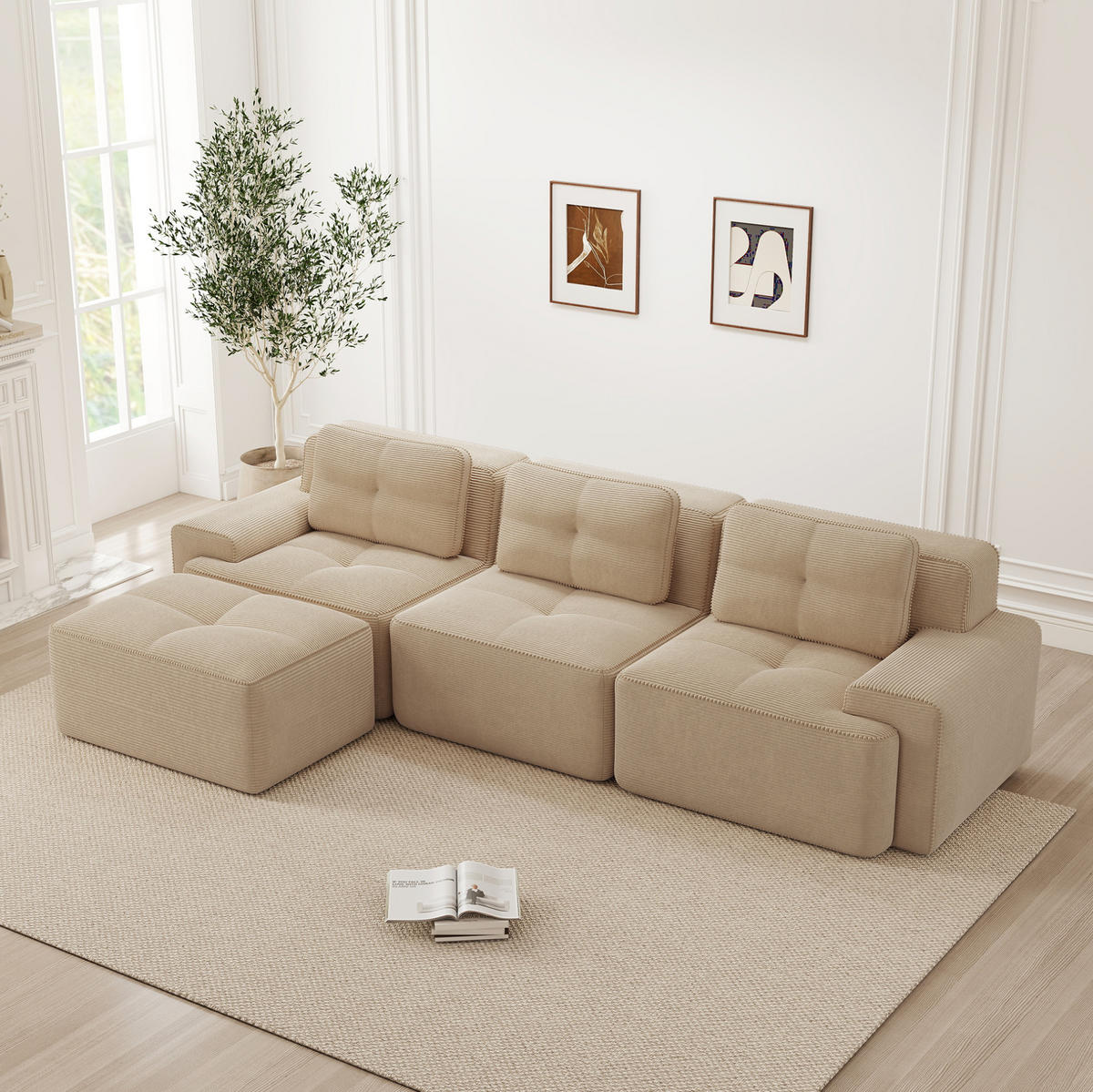 ECKSOFA 293/177/69 cm beige aus Cord mit Tiefsitz, Ottomane und montagefreiem Design - Beige, Textil (177/293cm) - OKWISH