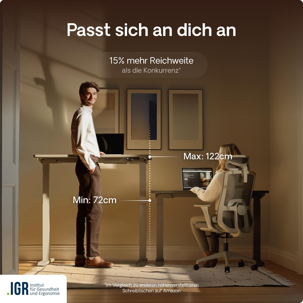 SCHREIBTISCH Elektrisch Höhenverstellbarer HomeOne 120x60cm Grau/Grau mit Memory-Funktion, Anti-Kollisions Technologie - Grau, Holzwerkstoff (60/120/72cm) - Desktronic