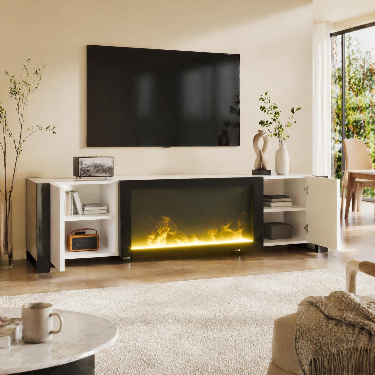 LOWBOARD in Weiß und Schwarz TV-Schrank mit elektrischem Kamin Flammeneffekt für Wohnzimmer, B165/T32/H55 cm - Schwarz/Weiß, Holzwerkstoff/Kunststoff (165/55/32cm) - STILVORA