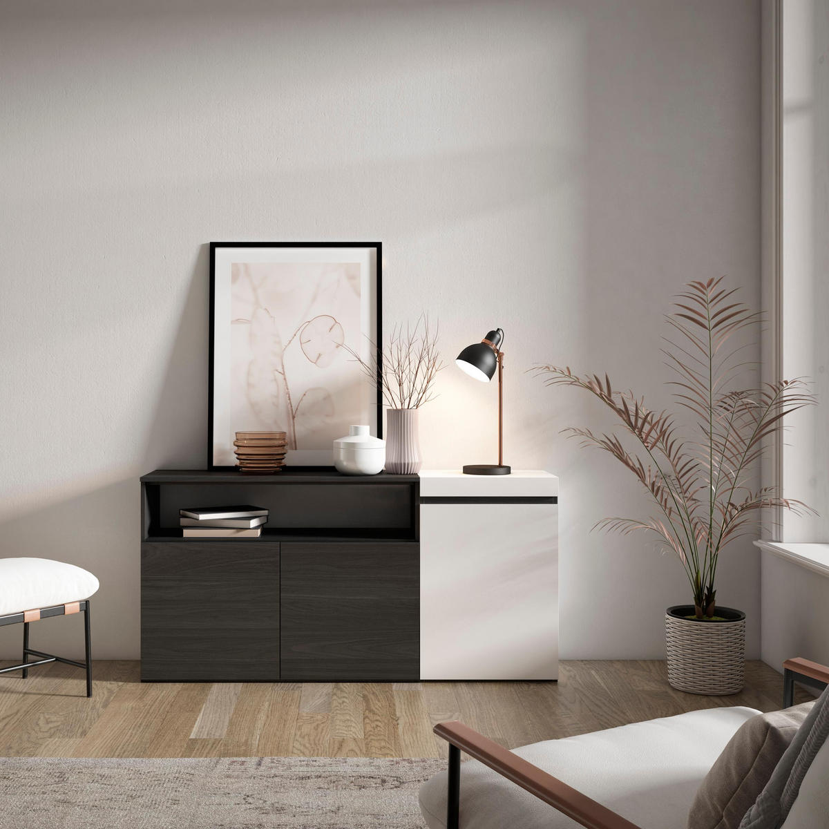 SIDEBOARD weiß und schwarz, 150/35/75cm - Multicolor, Holzwerkstoff (150/75/35cm) - Skraut Home