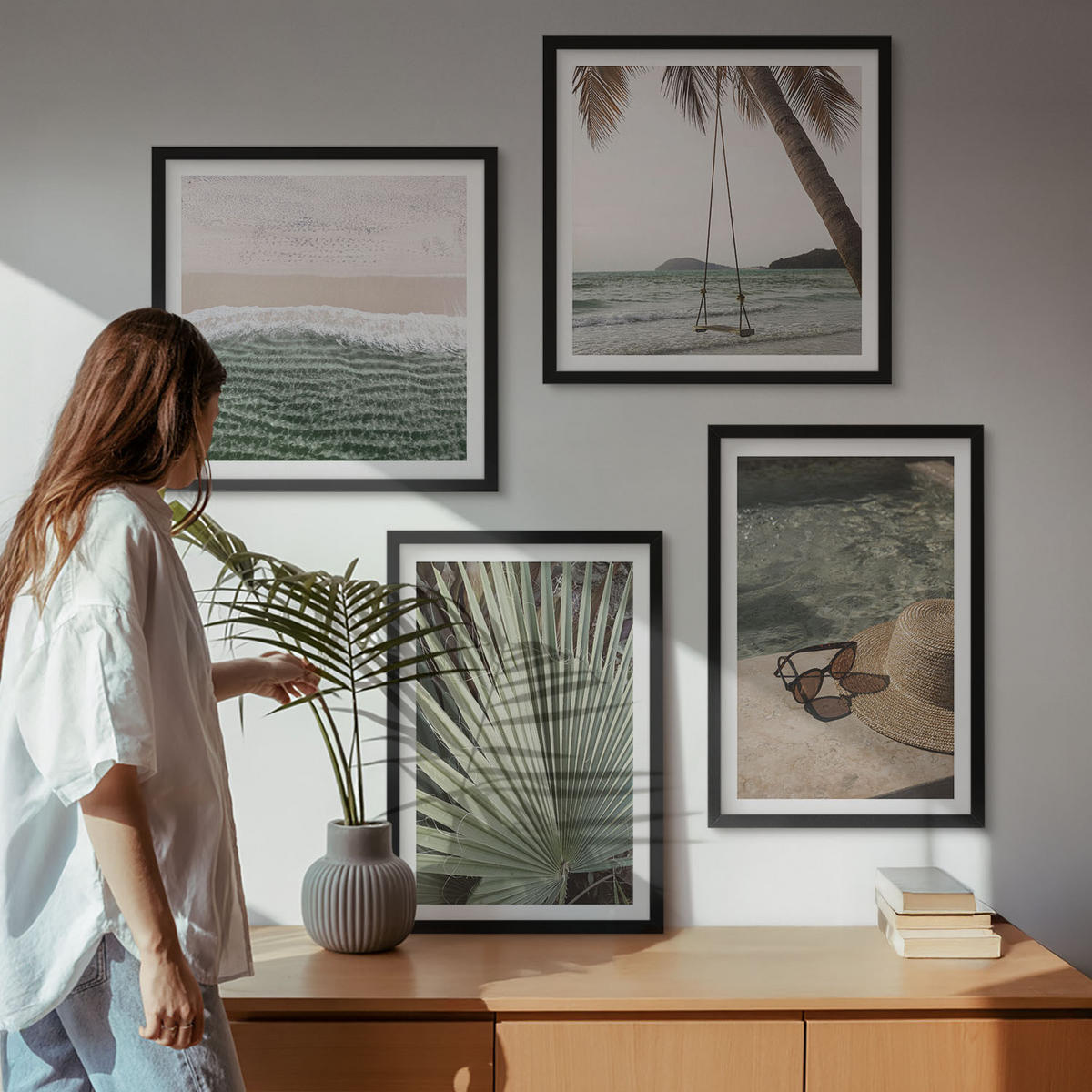 BILDER SET 4er Set - 50x50 cm & 40x60 cm Schwarzer Rahmen - Strandschaukel-Blätterurlaub - Schwarz, Kunststoff (50/50cm) - TULUP