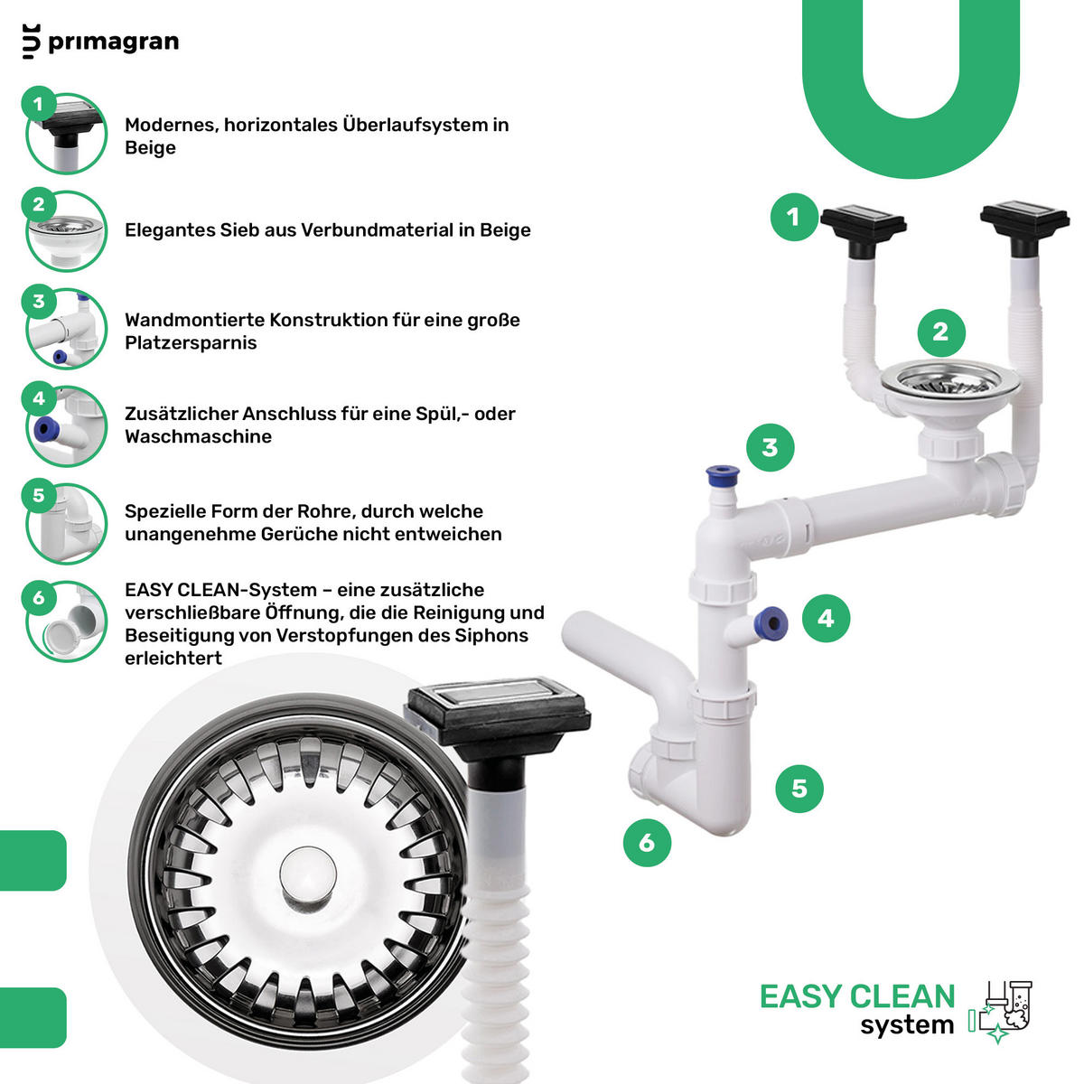 SPÜLBECKEN Bergen Pocket, 2-er set Weiß 56/54 cm 1 Becken + Ablauf-Set + Küchenzubehörset ab 60er Unterschrank - Chromfarben/Beige, Kunststoff (56/20/54cm) - Primagran