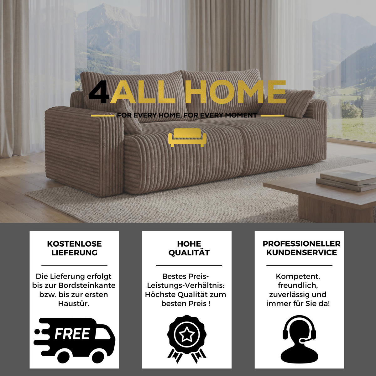 SOFA Kola mit Bettkasten und Schlaffunktion, Cordstoff - Cappuccino, Holzwerkstoff (244/85/95cm) - 4ALL HOME