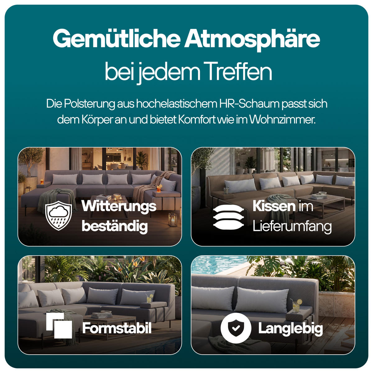 GARTENMÖBEL Set 2 x Sofa und Sessel, BORNEO, UV-beständig, Solide Konstruktion, HR-Schaumfüllung, Wetterfeste Bezugstoff, Beige - Beige, Holz - Trada