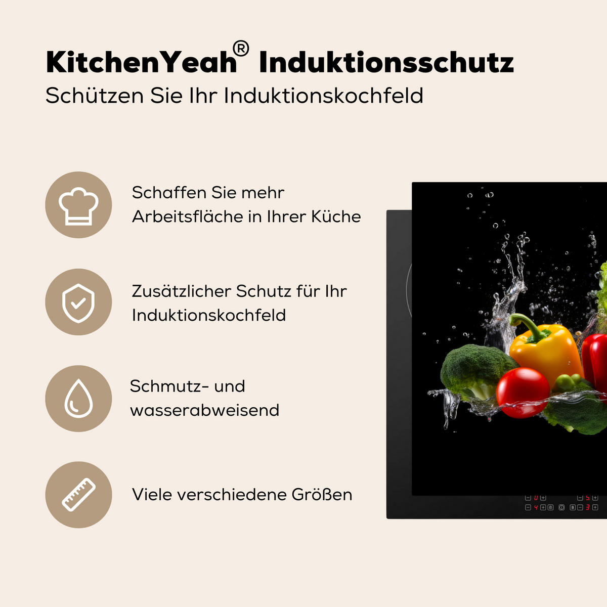 HERDABDECKPLATTE Paprika - Wasser - Gemüse - Schwarz 90x52 cm - Multicolor, Kunststoff (90/52/0.2cm) - MuchoWow