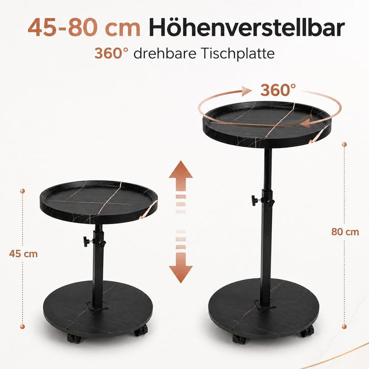 BEISTELLTISCH rund höhenverstellbar mit Rollen 45-80 cm Nussbaum Finish Schwarz - Schwarz, Metall (40/40/45cm)
