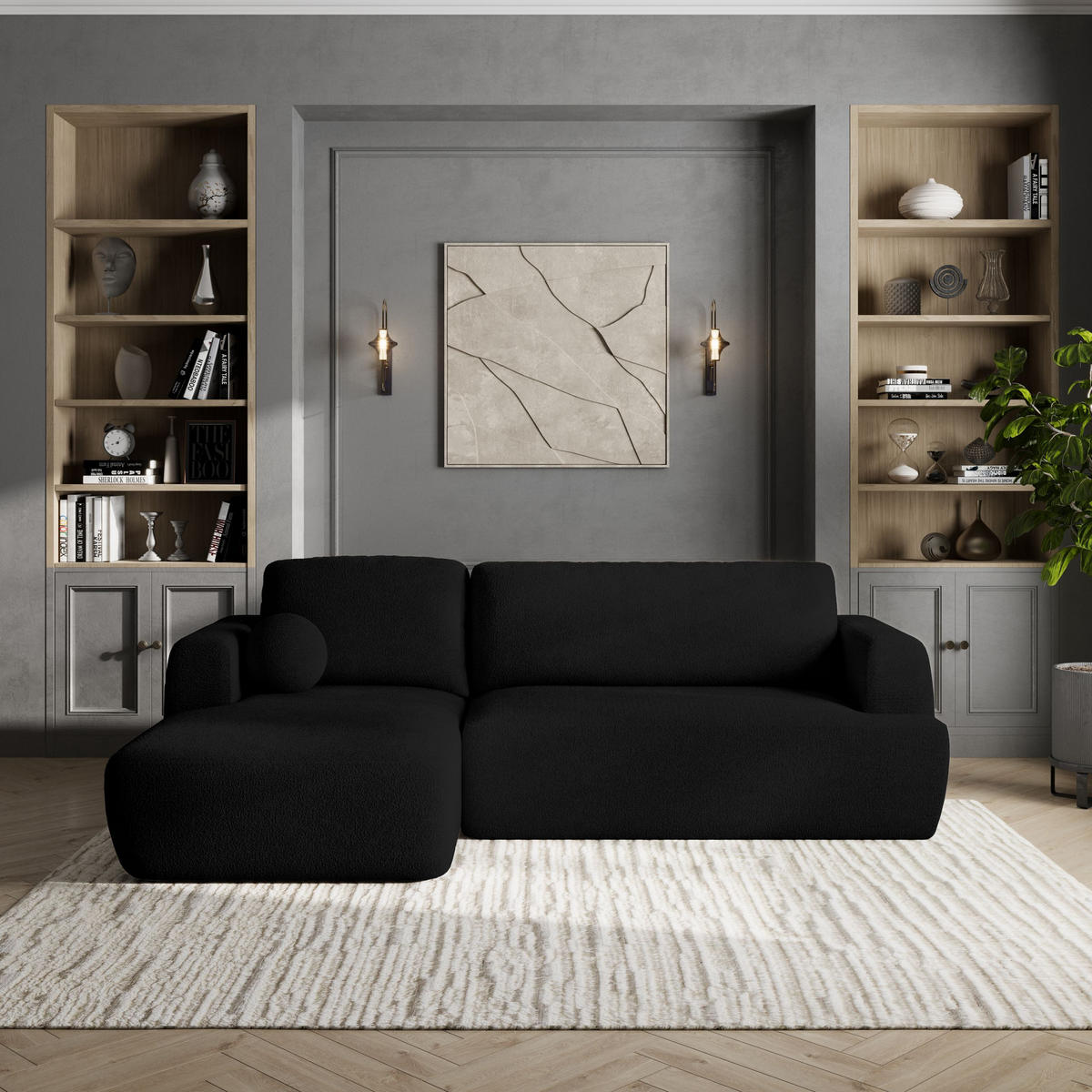 ECKSOFA SENTI N L-S Schwarz Boucle-Stoff mit Schlaffunktion - Schwarz, Holz/Kunststoff (246/148cm) - MASSENO