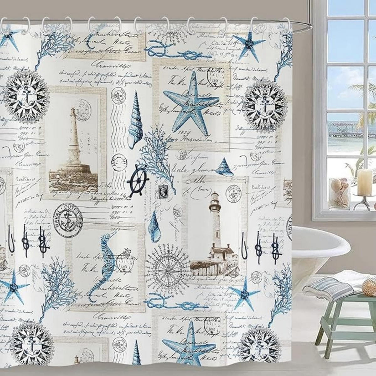 DUSCHVORHANG nautisch Vintage Leuchtturm Anker Ozean Strand Badewanne wasserdicht - Weiß, Textil (180/180cm) - MCBOSON