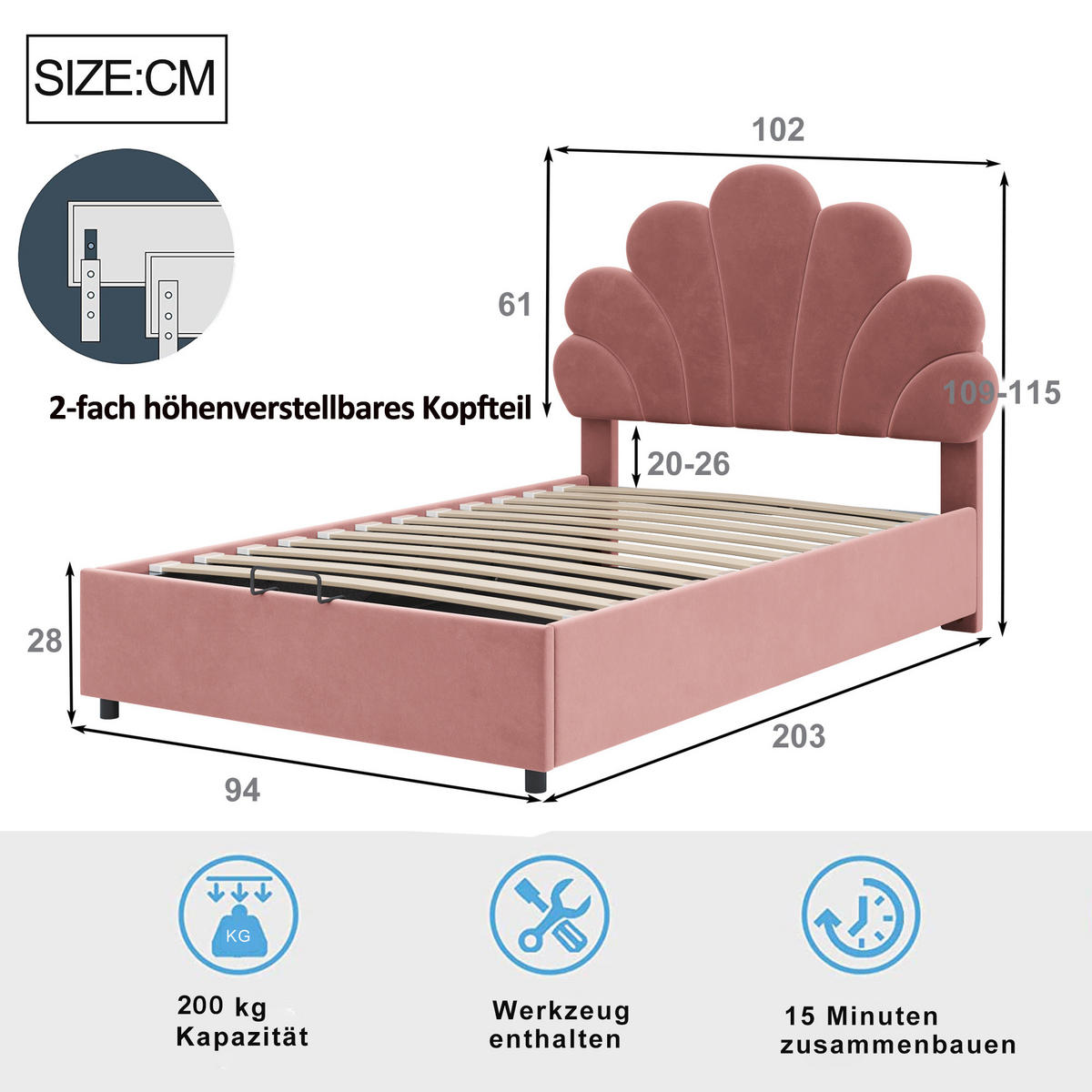 KINDEREINZELBETTEN aus Samt 90x200 cm in Rosa mit hydraulischem Stauraum - Rosa, Textil (90/200cm) - Modfu