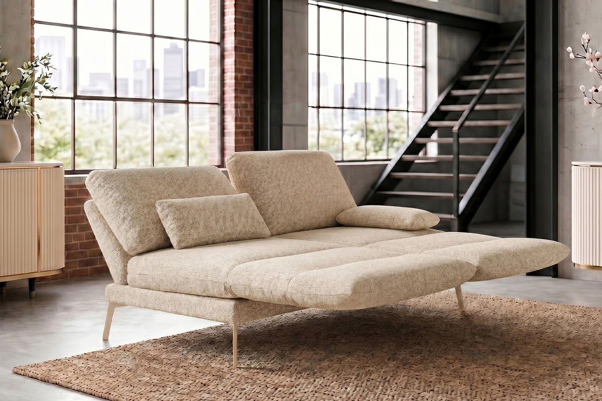 SOFA HOLLY Weiß Flachgewebe - Weiß/Braun, Textil/Metall (176/90/92cm) - KAWOLA