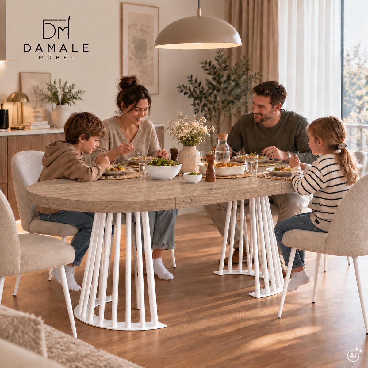ESSTISCH rund ausziehbar 100/300/76 cm, Eiche Halifax Egger, 54 cm Tischplatte + Lamellen-Metallgestell Weiß - Eichefarben/Graubraun, Holzwerkstoff/Metall (100/300/76cm) - Damale Möbel