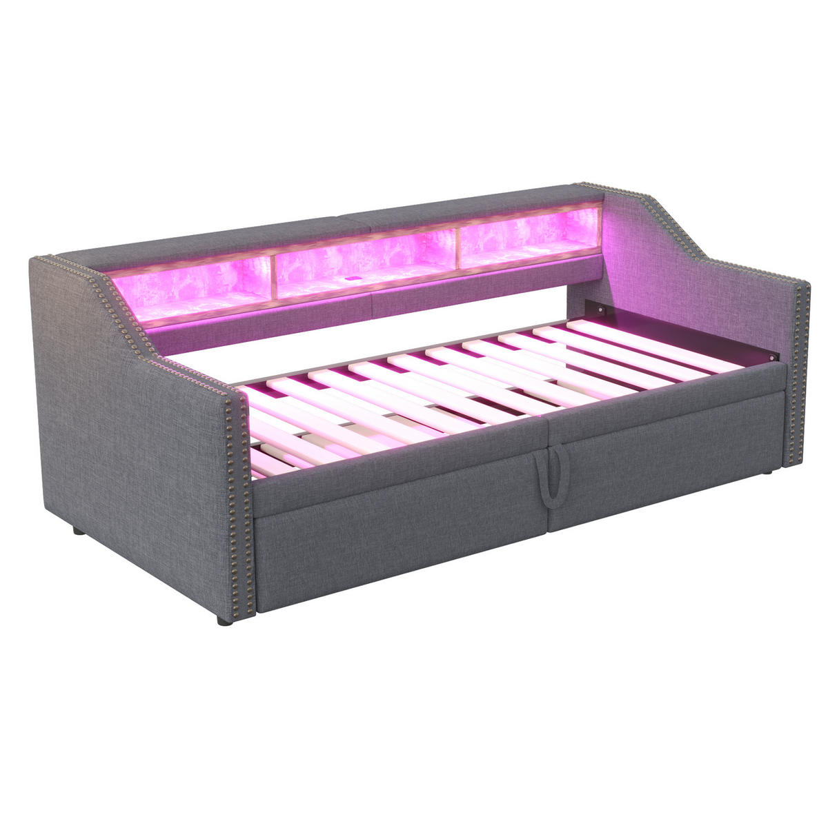 SCHLAFSOFA 90/200 cm mit Ausziehbett, LED, USB und 3 Ablagefächern, Dunkelgrau - Dunkelgrau, Textil (102/74/214cm) - Redom