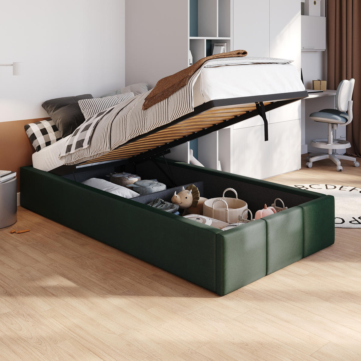 POLSTERBETT für Schlafzimmer Bett mit Stauraum Flaschengrün 90x200cm - Dunkelgrün, Holzwerkstoff/Textil (90/200cm) - Muralo
