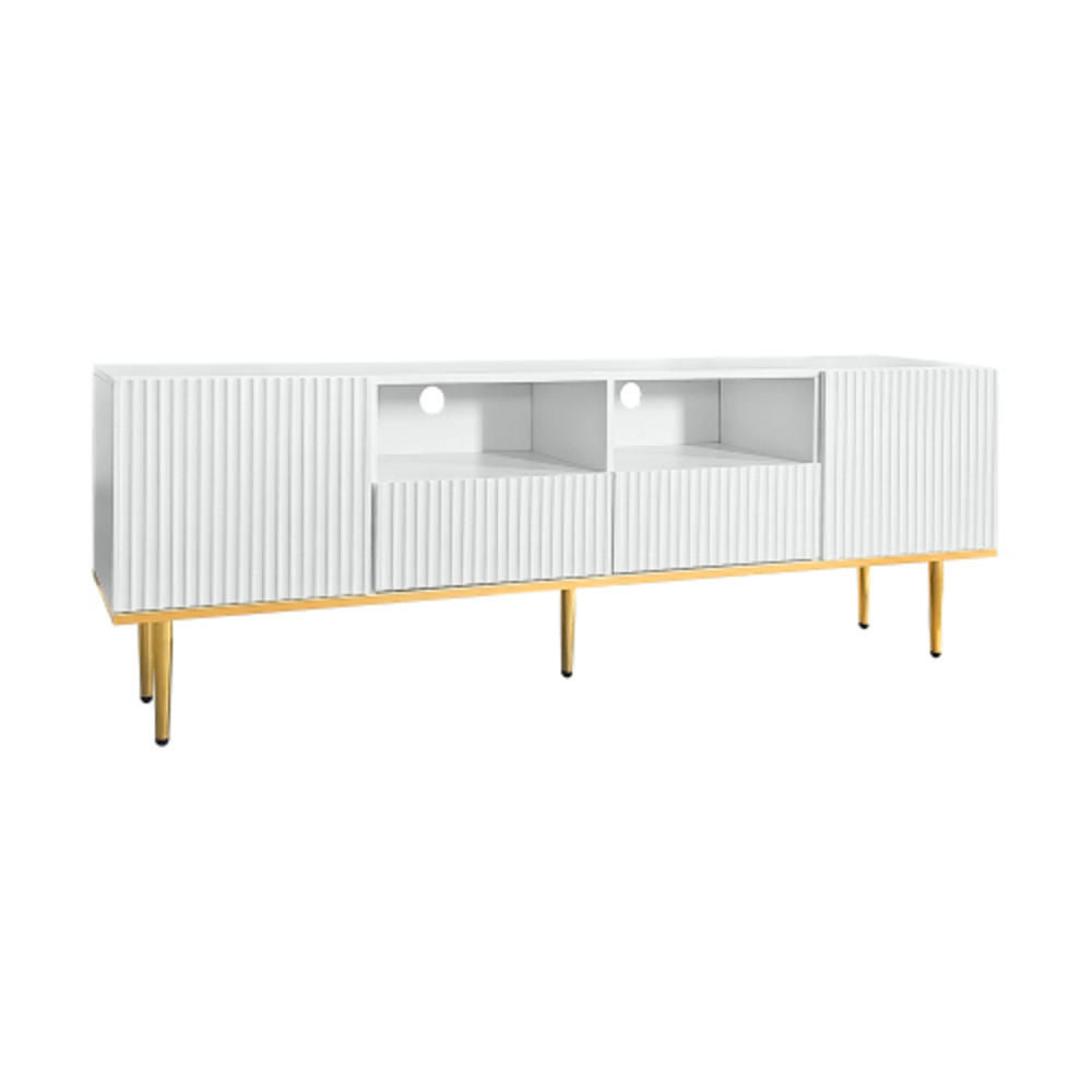 LOWBOARD Weiß-gold aus Spanplatte mit streifendekorierten Push-Open Türen 165×36×55 cm - Weiß, Holzwerkstoff (165/55/36cm) - Luhomfu