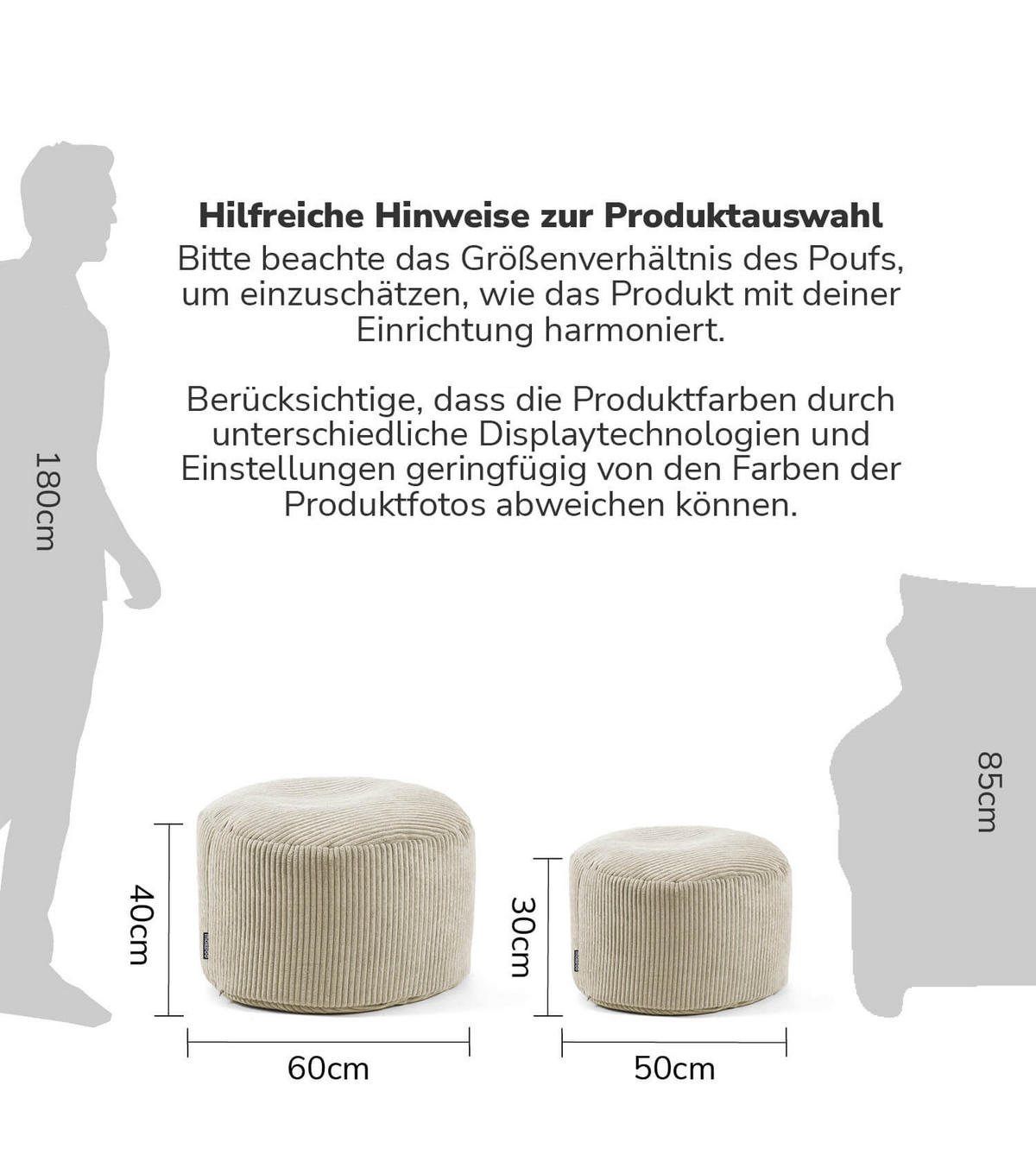POUF Cord Der Faule Lenz - Beige, Textil (60/40/60cm) - Mokebo
