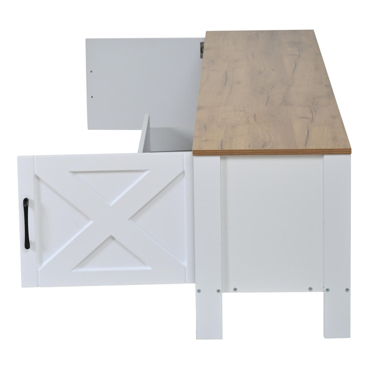 TV-WAND aus MDF 180x40x50 cm Weiß mit Hängevitrine, 4 Schränken und 1 Schublade - Weiß, Holzwerkstoff (180/50/40cm) - Modfu