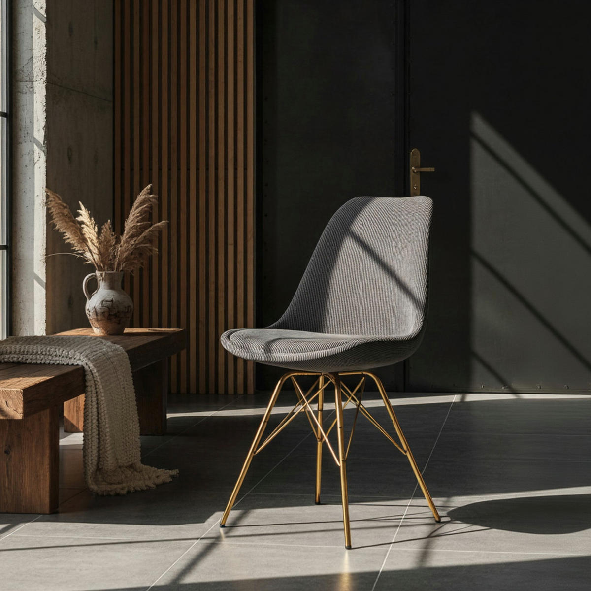 ESSZIMMERSTUHL 2er Set Cordstoff mit Metallgestell Schalenform Skandinavisch gepolstert, Anthrazit 48x58x85 cm - Anthrazit/Goldfarben, Textil/Metall (48/85/58cm) - KADIMA DESIGN