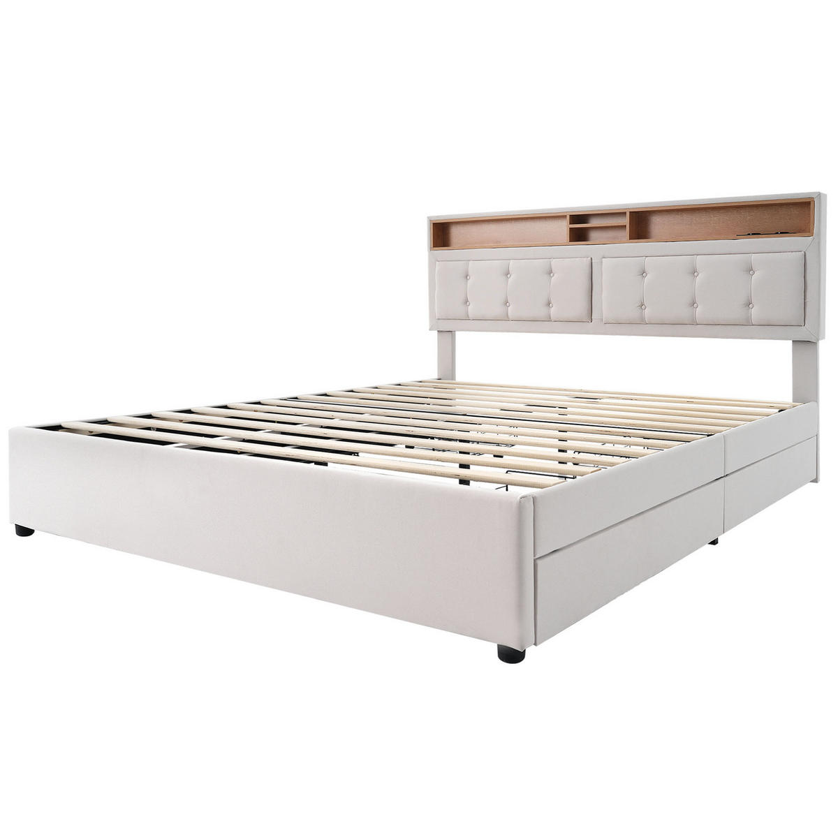 BETT mit 4 Schubladen und USB/Typ-C 140x200 cm Leinen Beige - Beige, Metall (140/200cm) - Meubliv