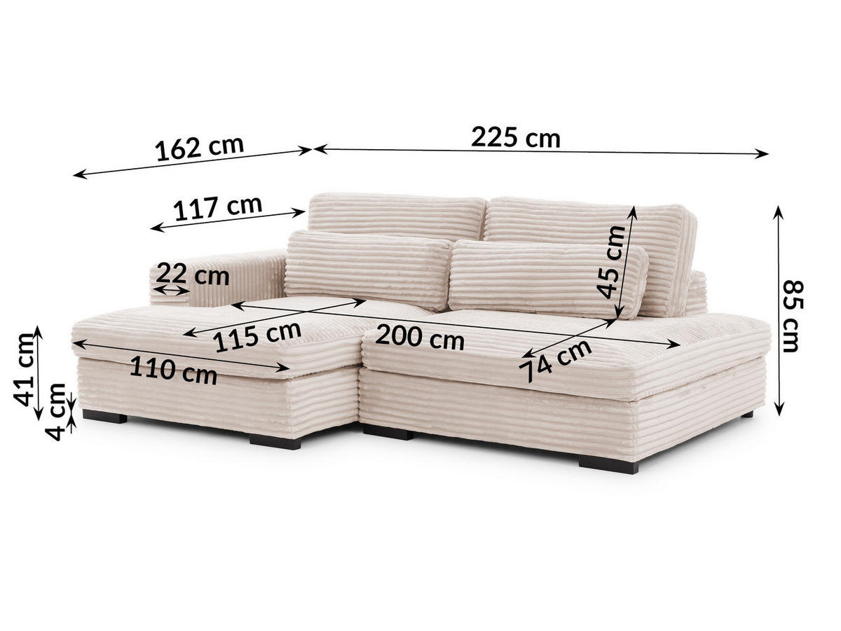 ECKSOFA Wolke mit tiefer Sitzfläche, Schlaffunktion und praktischem Bettkasten aus weichem Hellbeige Cordstoff - Beige/Schwarz, Holz/Kunststoff (162/225cm) - S-Style