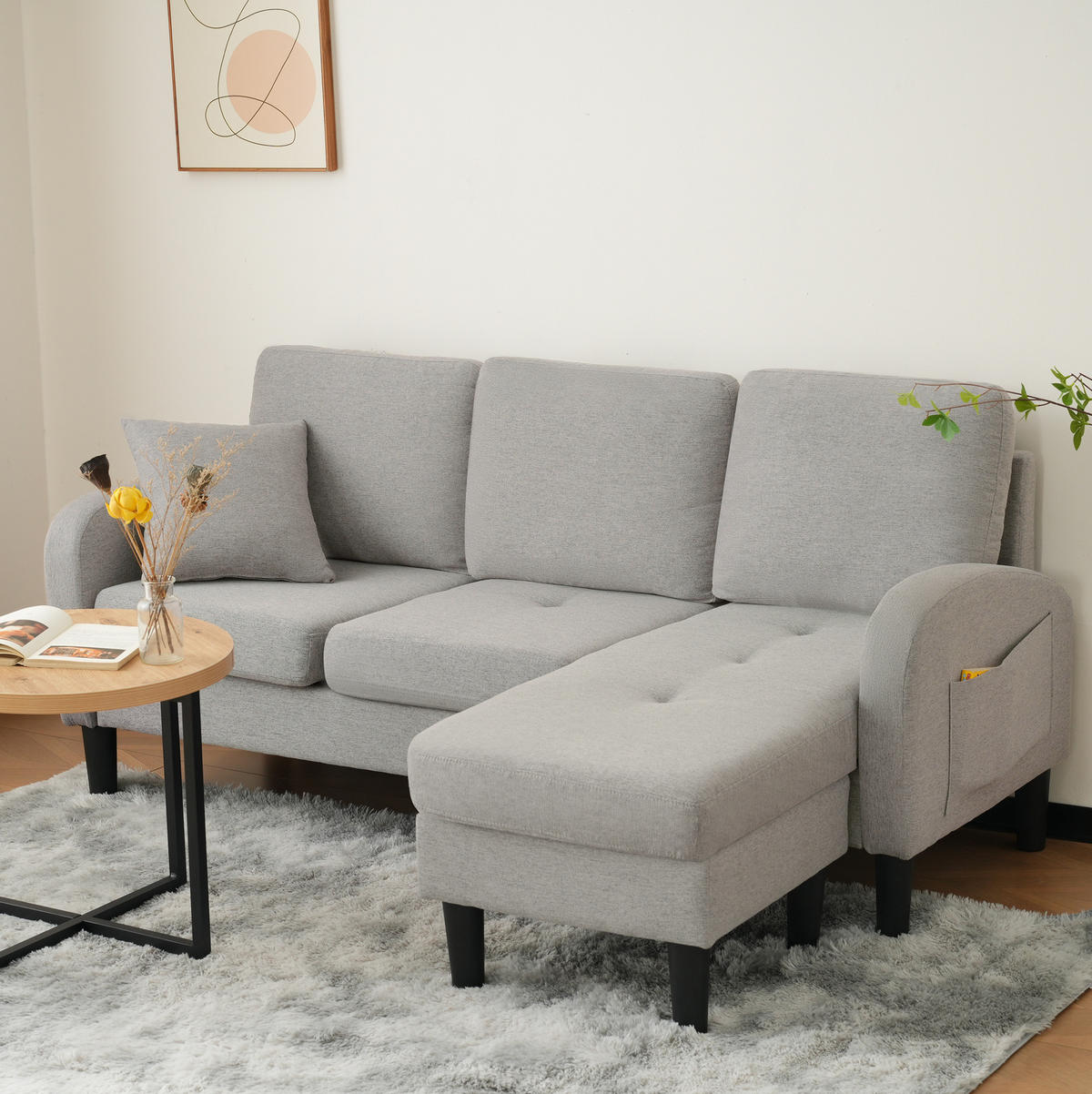 ECKSOFA modular mit Chaiselongue 166 x 118 x 77 cm Grey - Grau, Holz (118/166cm) - Meubliv