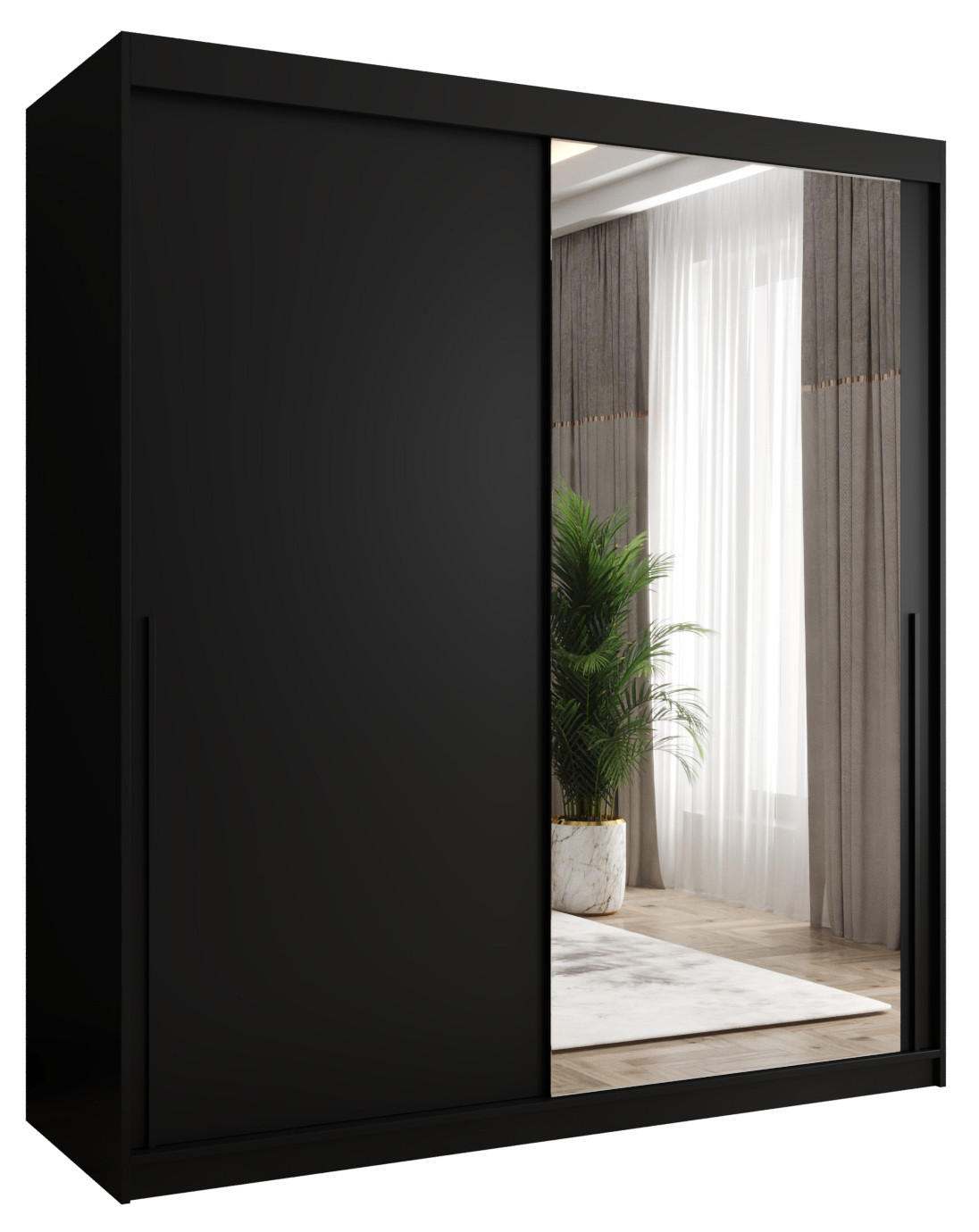 SCHIEBETÜRENSCHRANK mit Spiegel 180 cm Breite, schwarz mit schwarzem Griff - Schwarz, Holzwerkstoff (250/200/62cm) - Home Collective