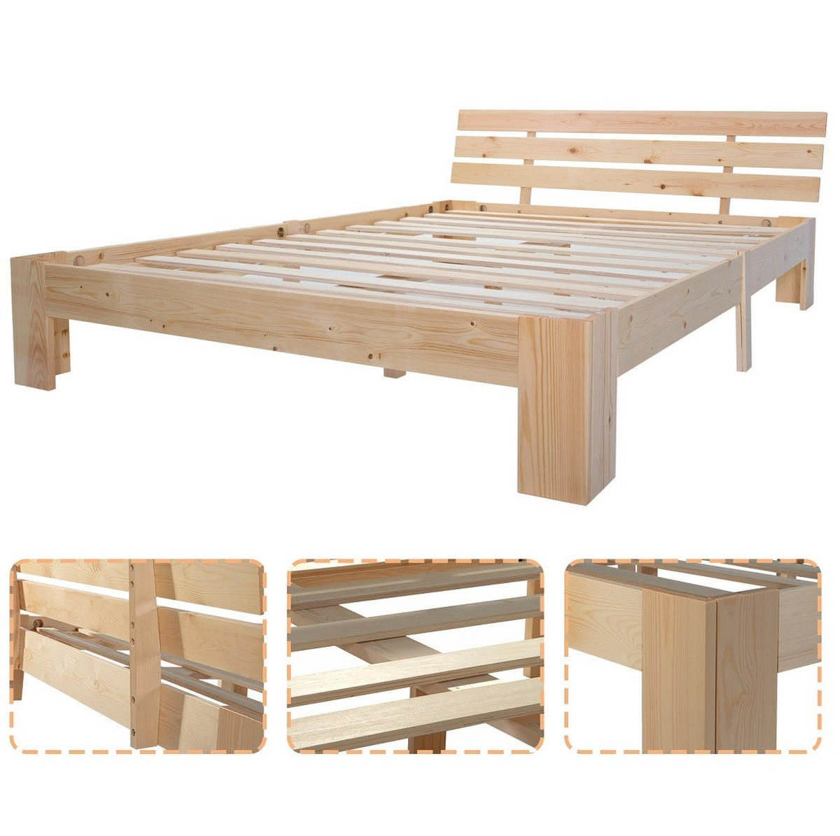 BETT 140/200 cm aus Massivholz in Natur mit Lattenrost - Naturfarben, Holz (140/200cm) - Flora Grace