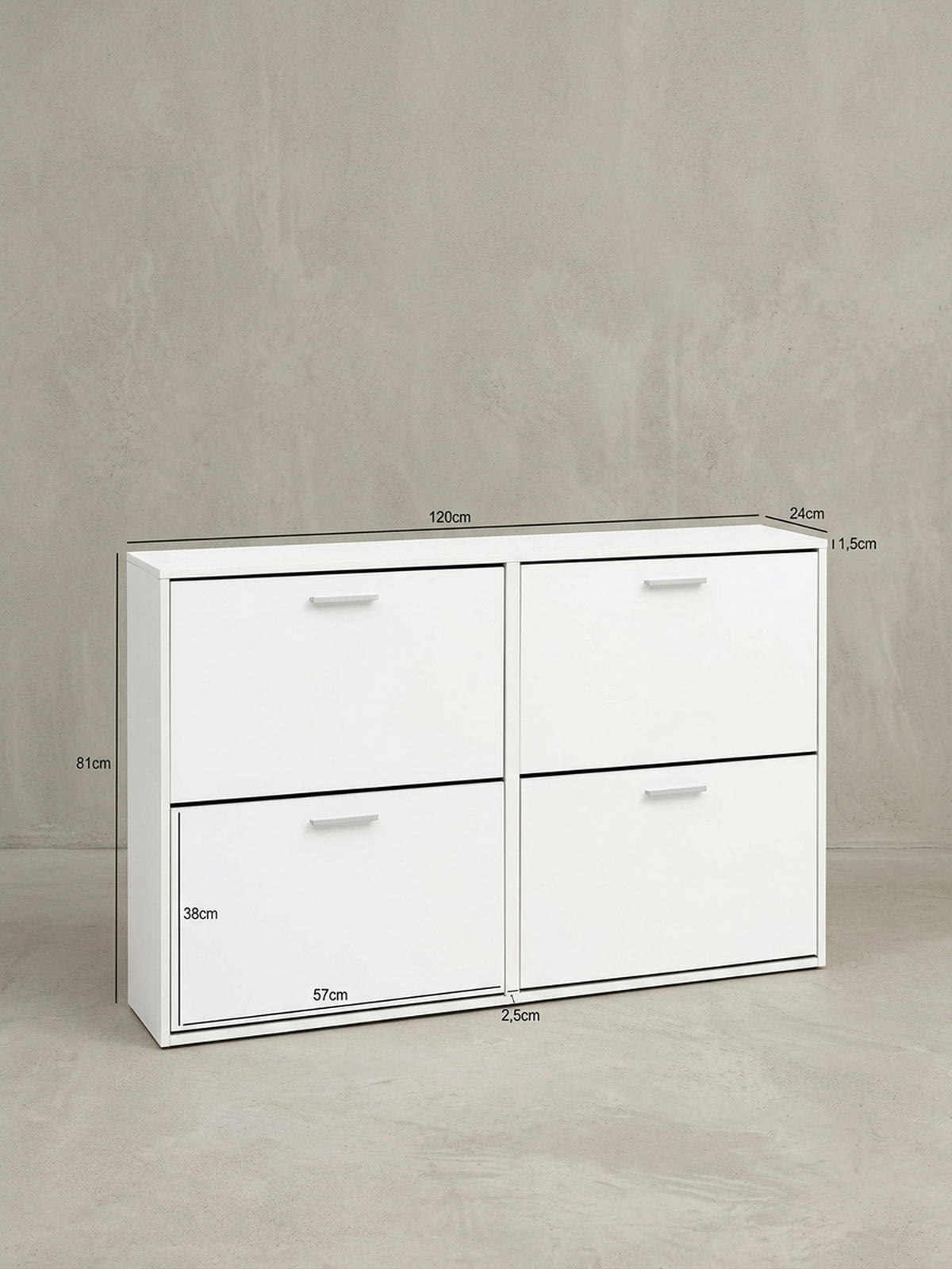 SCHUHSCHRANK Holz mit 4 Klappen und großer Ablage, Weiß 120x24x81 cm - Weiß, Holz/Metall (120/81/24cm) - KADIMA DESIGN