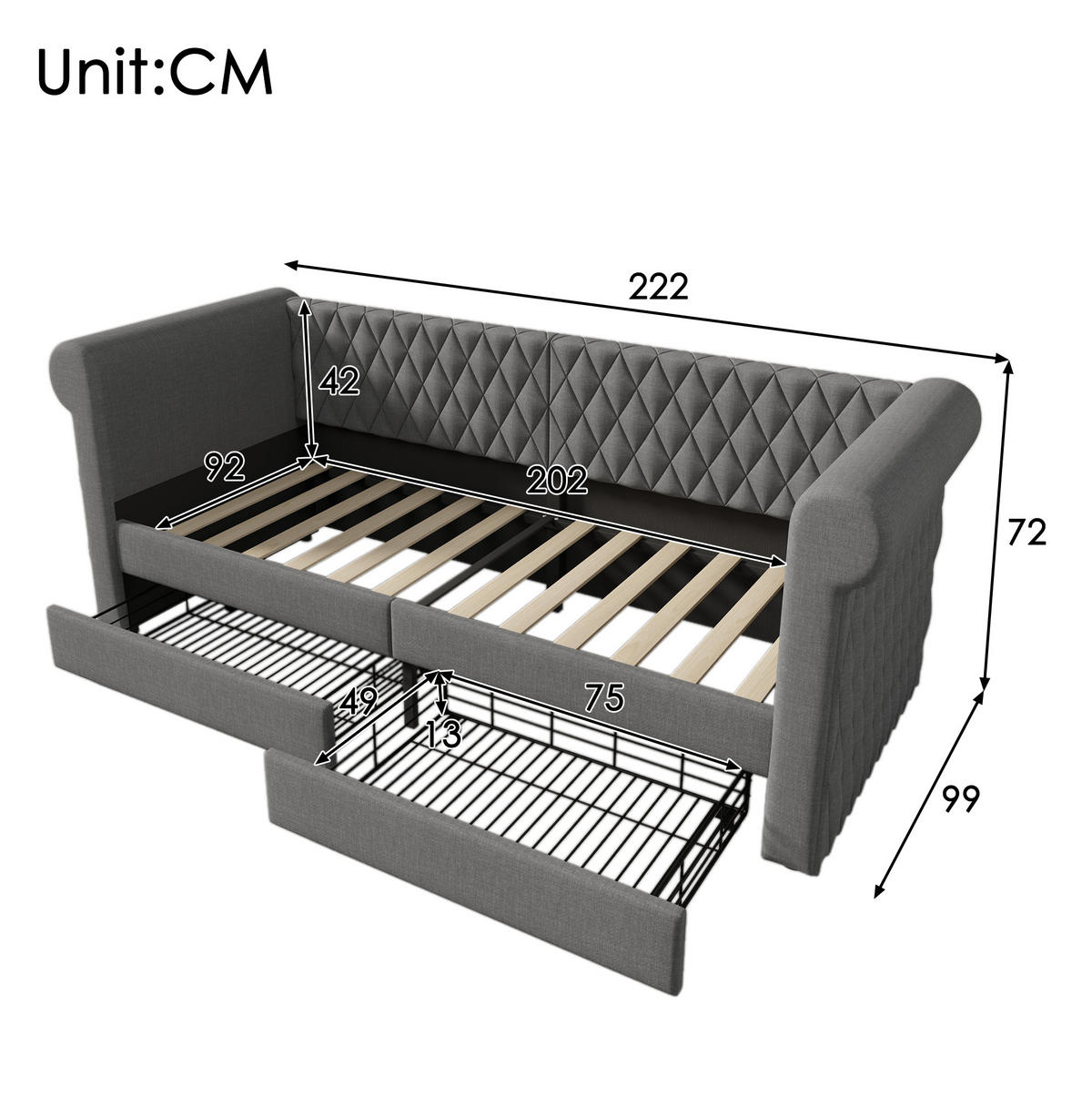 BETT mit Kopfteil 90/200 cm in Grau – mit 2 Schubladen und inkl. Lattenrost - Grau, Textil (90/200cm) - BEAOK