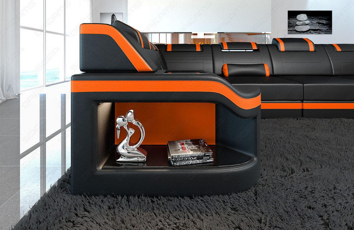 WOHNLANDSCHAFT Sofa Padua U Schwarz Orange Echtleder - Schwarz, Leder (308/80/185cm)