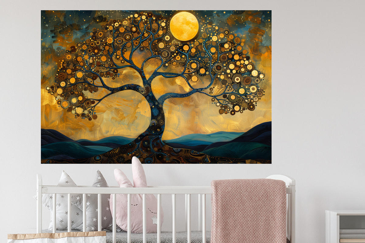 WANDTATTOO Baum - Mond - Blumen - Gold - Kunst 120x80 cm - Orange, Kunststoff (120/80/0.1cm) - MuchoWow
