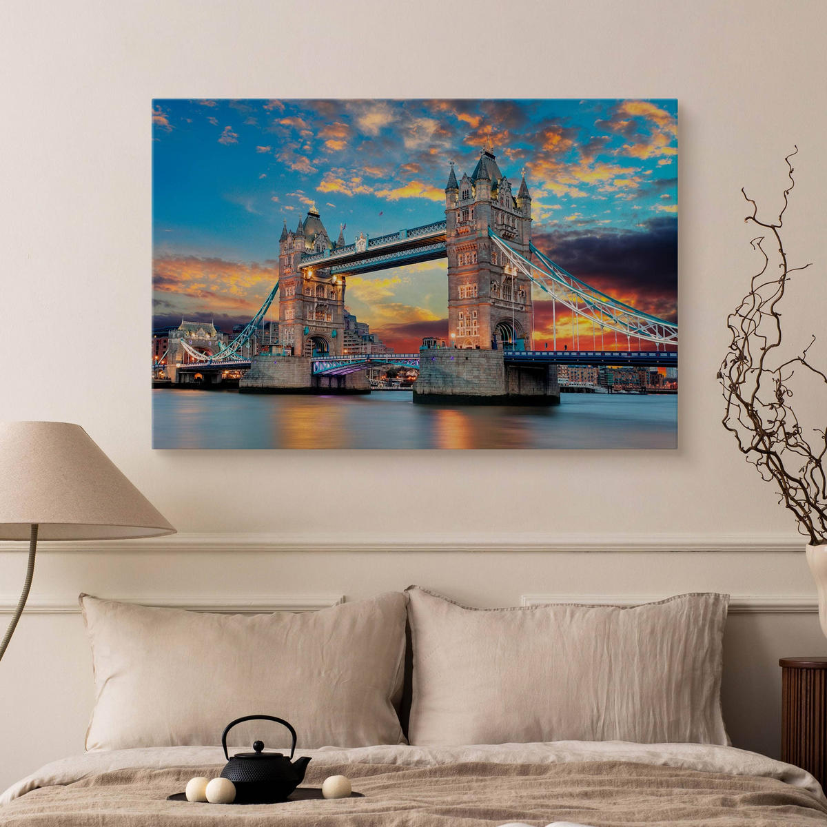 LEINWANDBILD Brücke Tower Bridge London Architektur 3D 120x80 - Blau/Beige, Textil (120/80cm) - Muralo