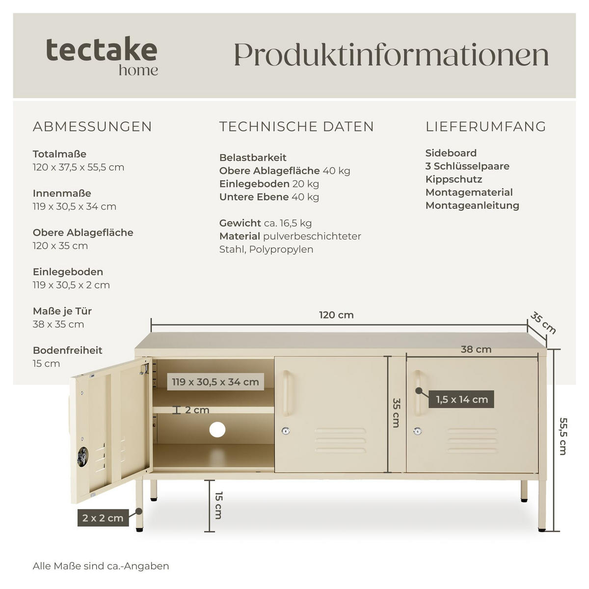 SIDEBOARD Baker, Kippschutz, höhenverstellbare Füße, creme - Creme, Metall (120/55.5/37.5cm) - tectake