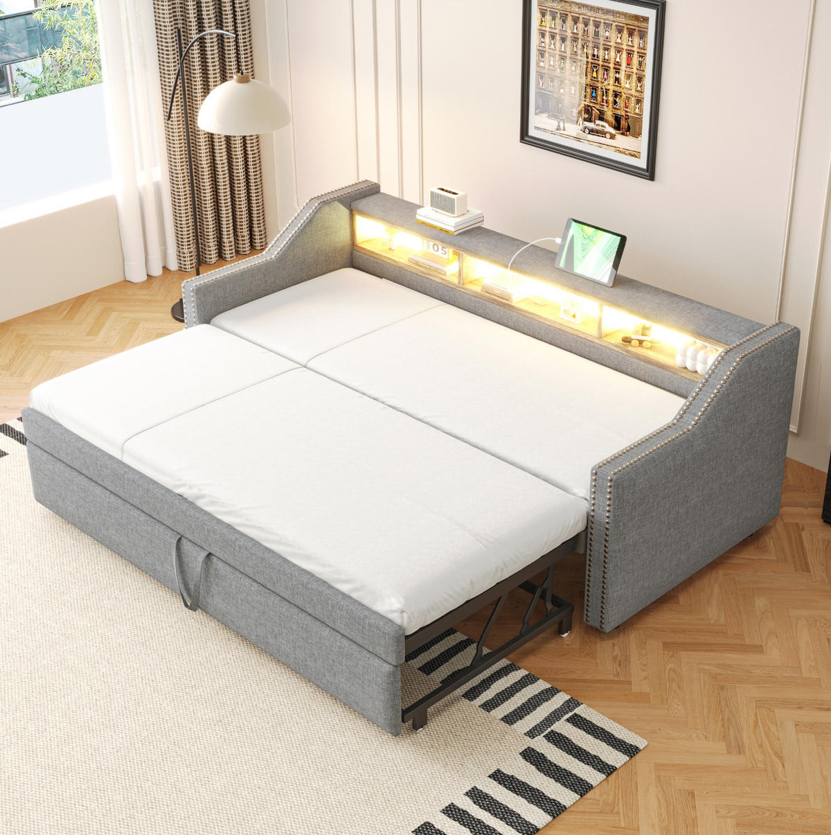 ČALÚNENÁ posteľ 90/180 x 190 cm svetlosivá z ľanovej tkaniny s výsuvným lôžkom, LED a USB - svetlosivá, textil (90/190cm) - OKWISH