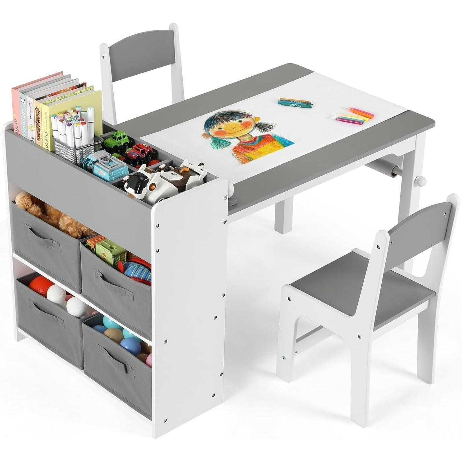 KINDERTISCH mit 2 Stühlen Set Grau Weiß - Weiß, Holzwerkstoff (53/64/102cm)