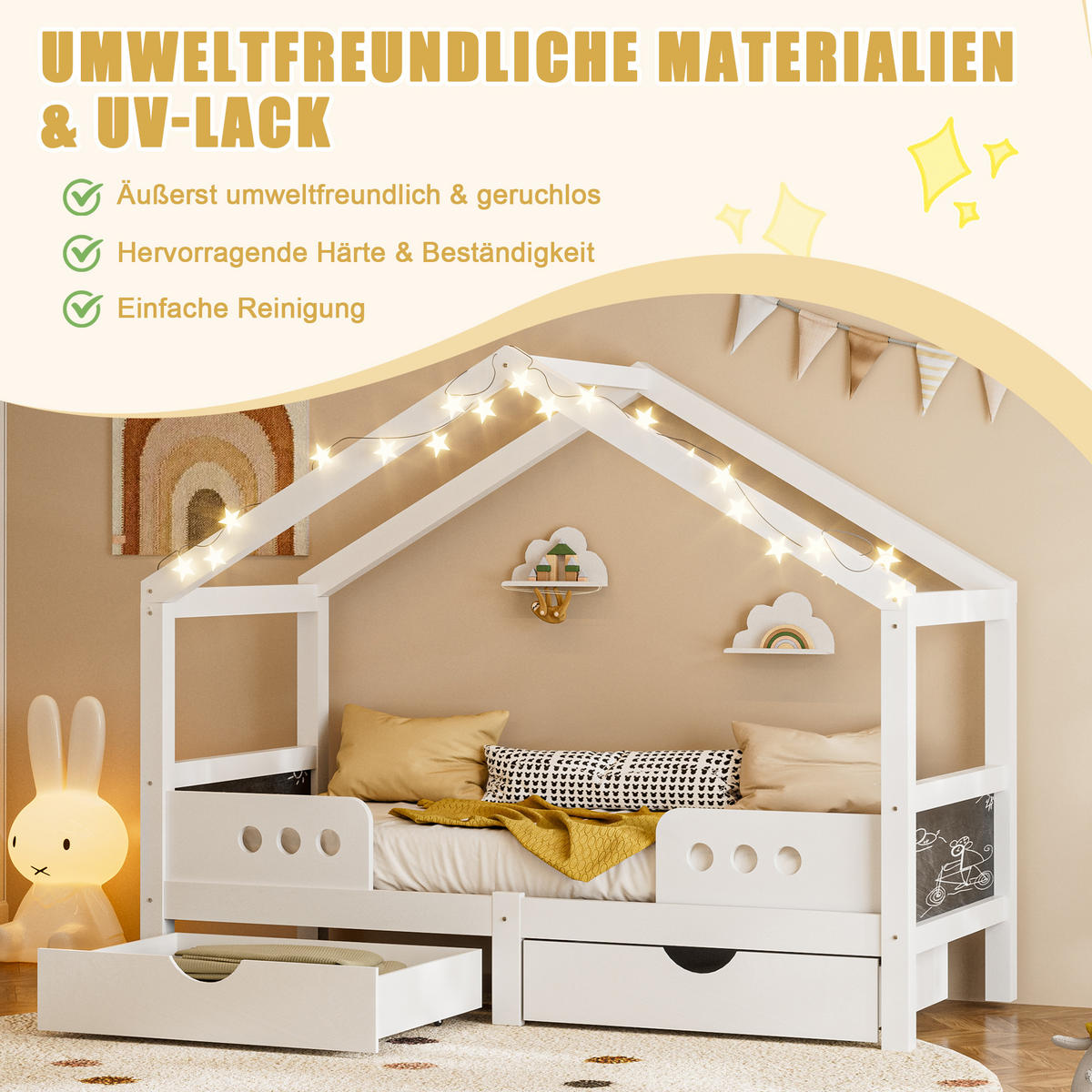 KINDERBETT 90/200 cm in Weiß mit 2 Schubladen und Tafel Holz Hausdesign - Weiß, Holzwerkstoff (90/200cm) - STILVORA