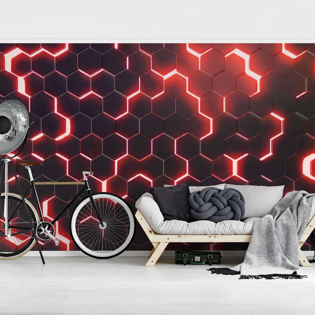 FOTOTAPETE Strukturierte Hexagone mit Neonlicht in Rot 288/190 cm - Schwarz, Papier (288/190cm) - Bilderwelten