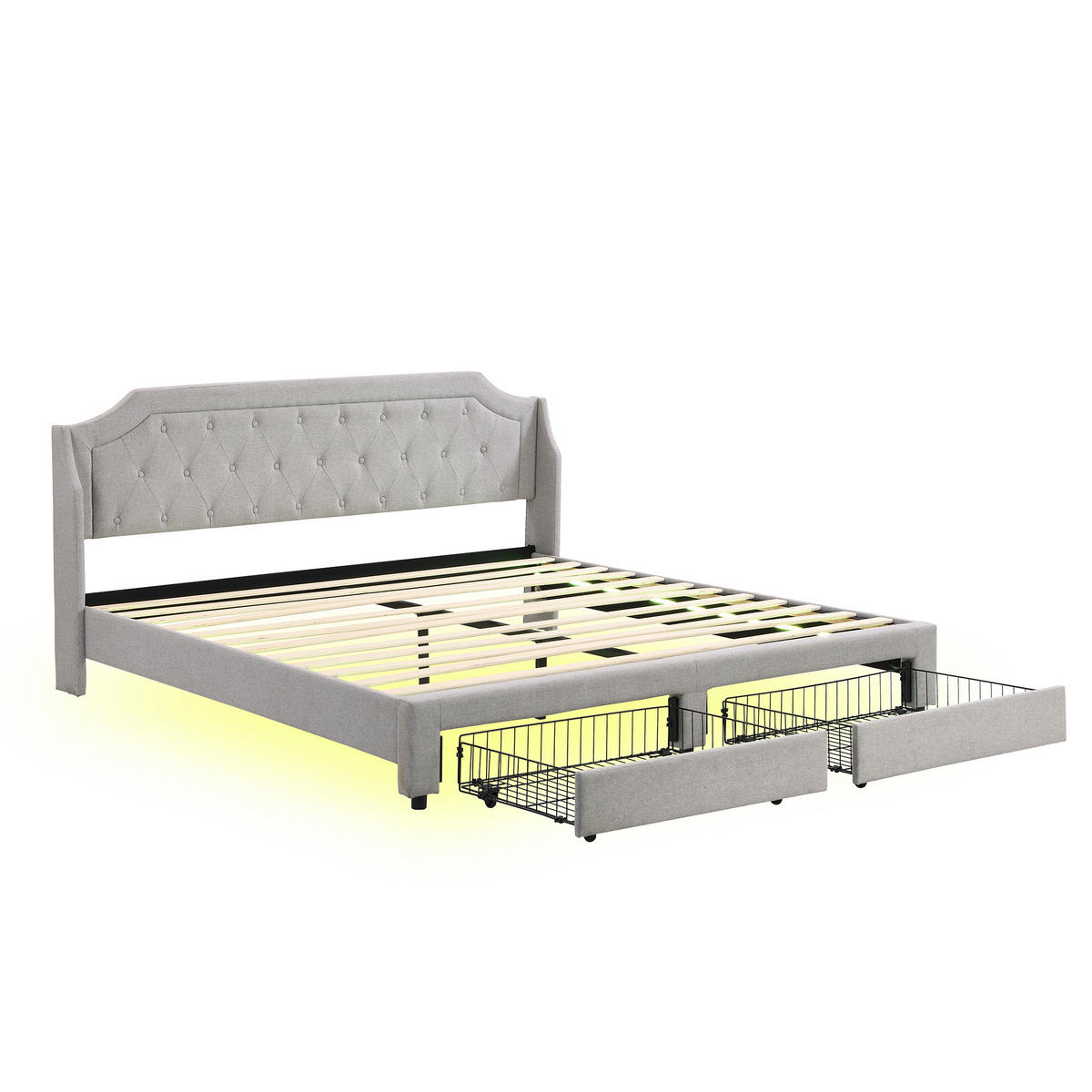 POLSTERBETT 180/200 cm mit LED-Beleuchtung & 2 Schubladen, Leinenbezug in Grau - Grau, Textil (180/200cm) - Redom