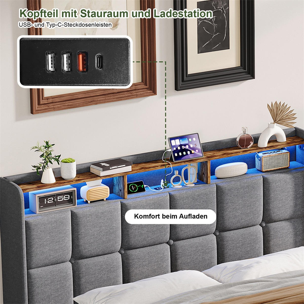 POLSTERBETT 140x200 cm mit LED-Beleuchtung und hydraulischem Stauraum - ohne Matratze - Grau - Grau, Textil (140/200cm) - DELFA