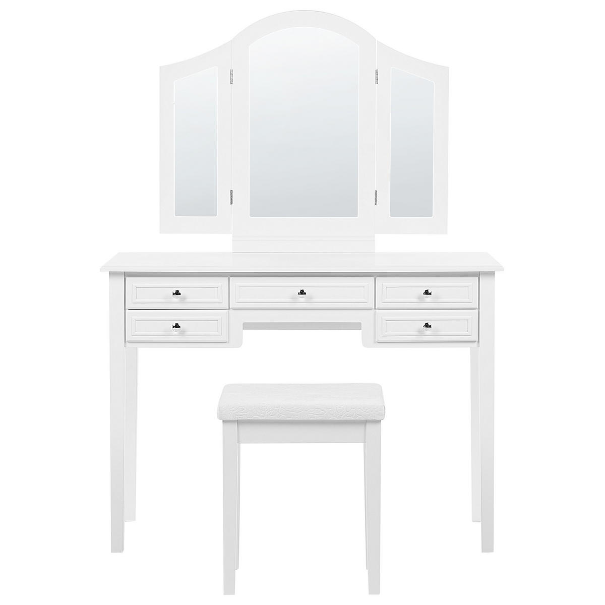 SCHMINKTISCH 3-teiliger Klappspiegel Hocker 5 Schubladen weiß Lumiere - Weiß, Holzwerkstoff (95/144/45cm) - Beliani