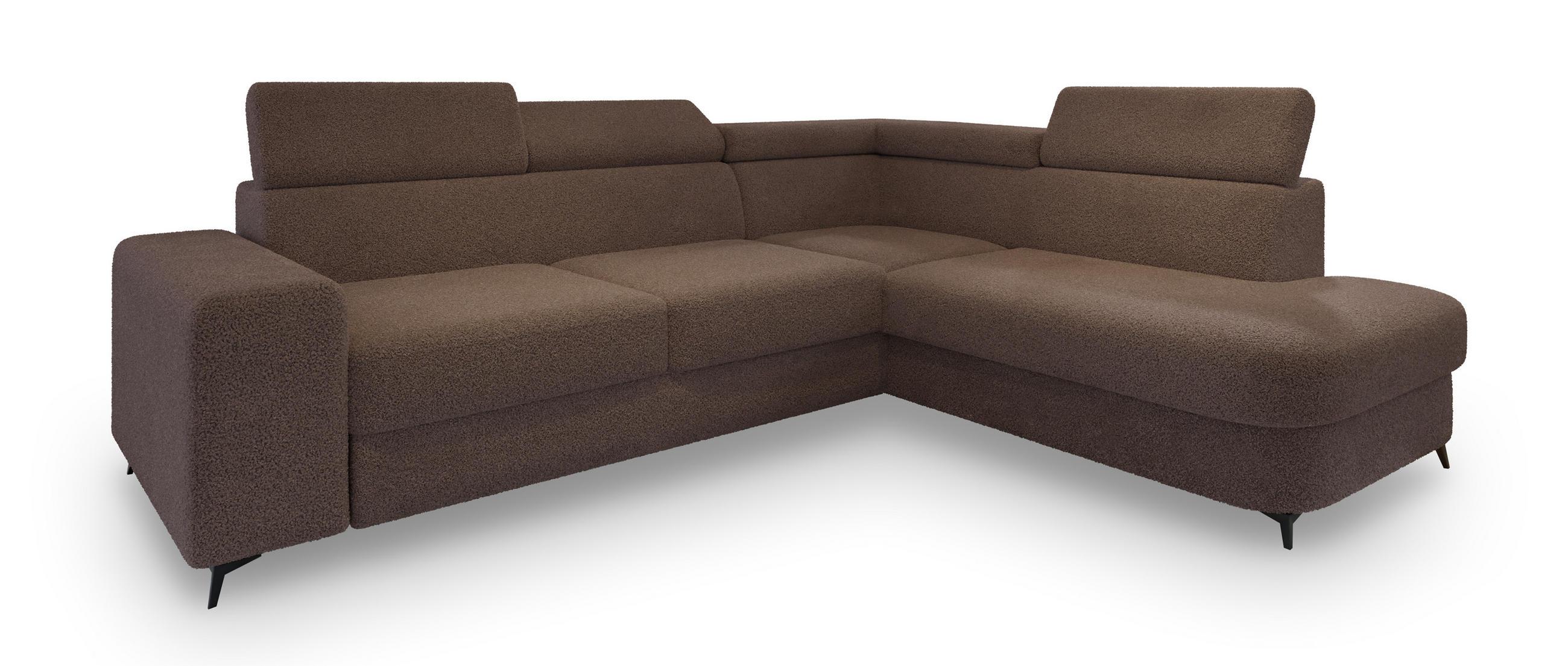 ECKSOFA ALVORO R-S Braun Boucle-Stoff mit Schlaffunktion - Braun, Holz (253/190cm) - MASSENO