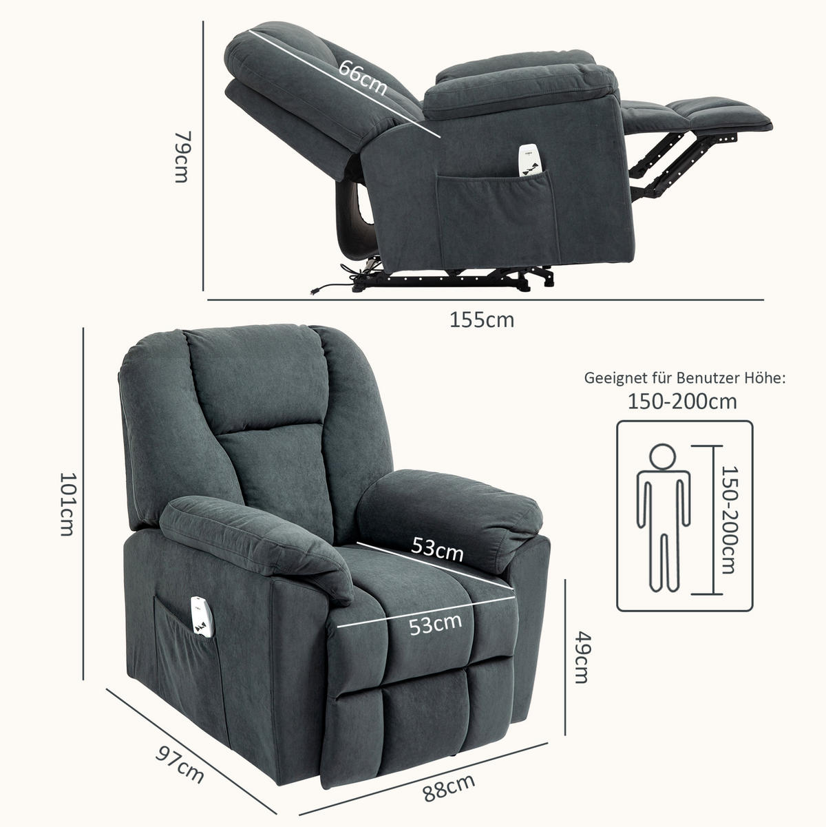 ELEKTRISCHER Relaxsessel in Dunkelgrau 88x97x101 cm mit Massage- und Wärmefunktion - Dunkelgrau, Textil (97/101/88cm) - IVMEU