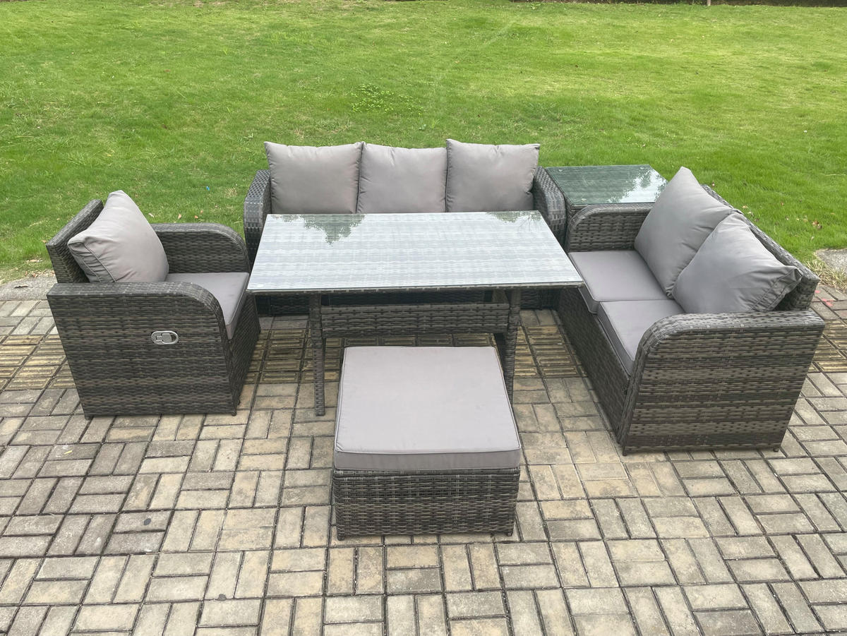 GARTENTISCHGRUPPE mit Liegestuhl,Hocker,Beistelltisch Polyrattan 7-Sitzer - Dunkelgrau/Grau, Glas/Kunststoff - Fimous