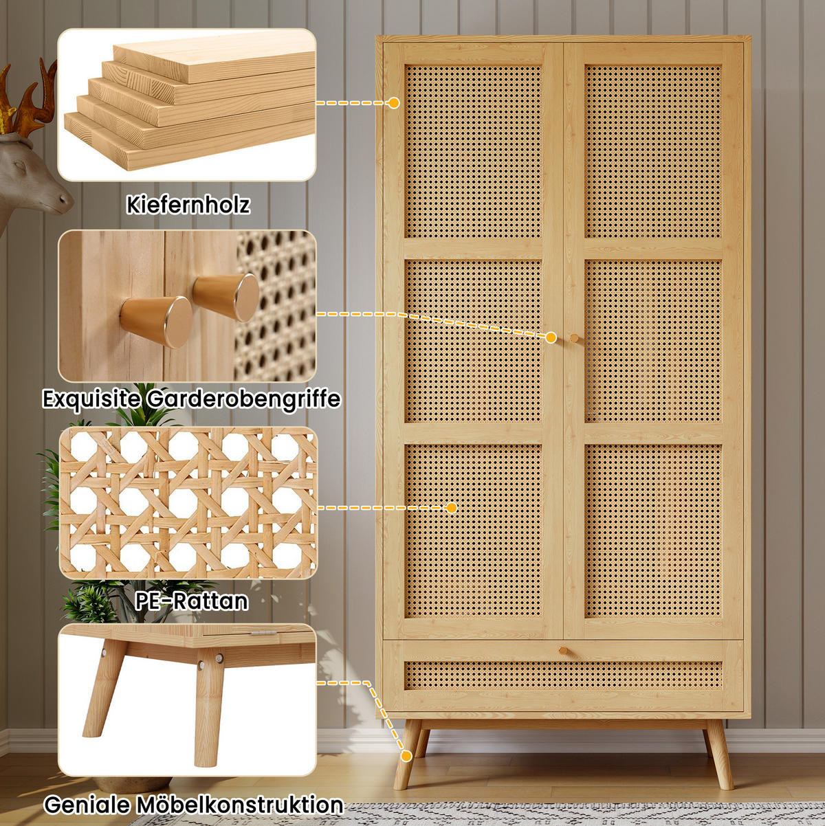 KLEIDERSCHRANK mit Kleiderstange & Rattan-Optik, 90/45/183 cm, Natur - Naturfarben, Holz (90/183/45cm) - Redom