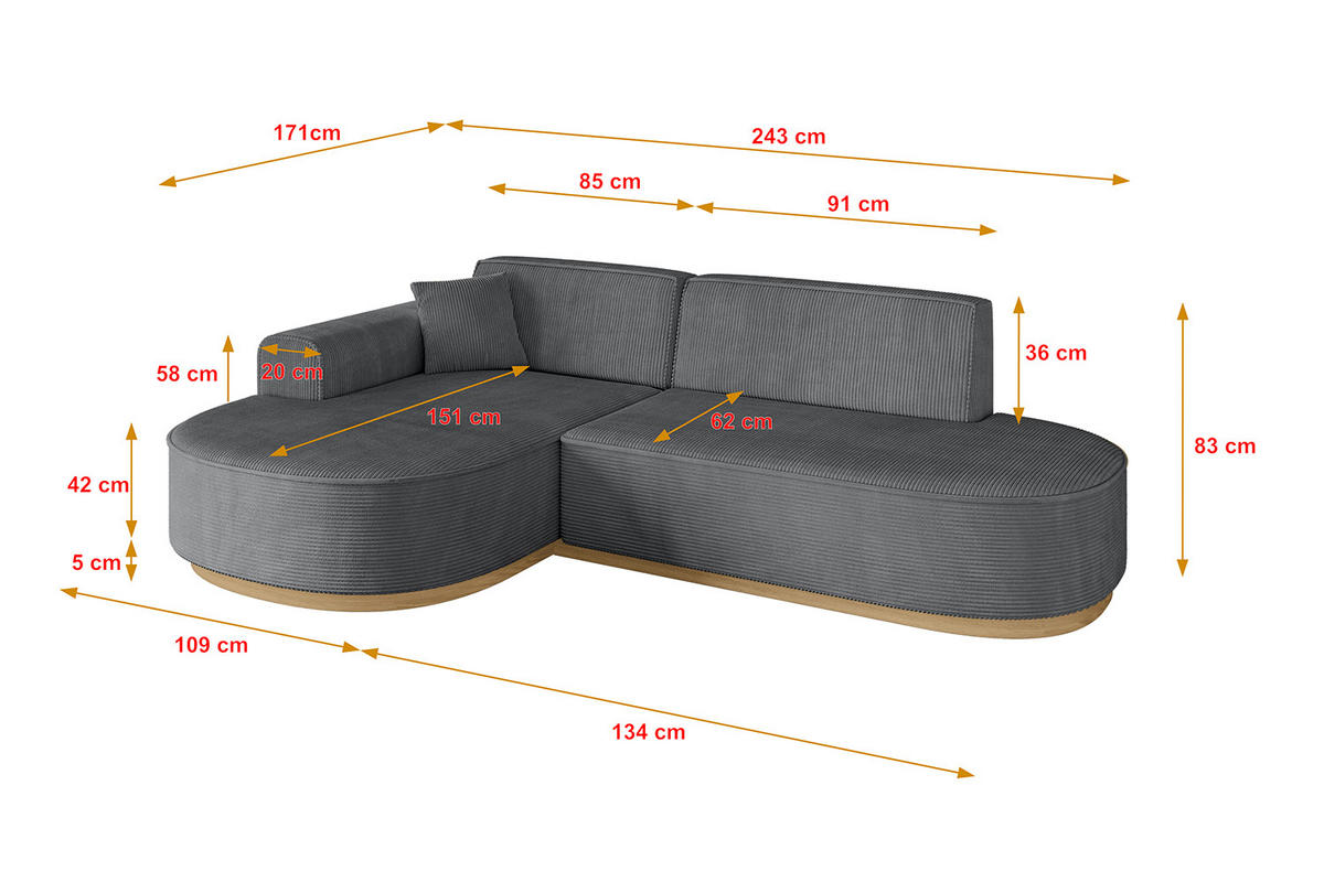 ECKSOFA Ottomane Links MARI-L1-v2 - 243x171x83 cm Dunkelgrau Cord - Dunkelgrau, Holzwerkstoff/Textil (243/171cm) - ALTDECOR