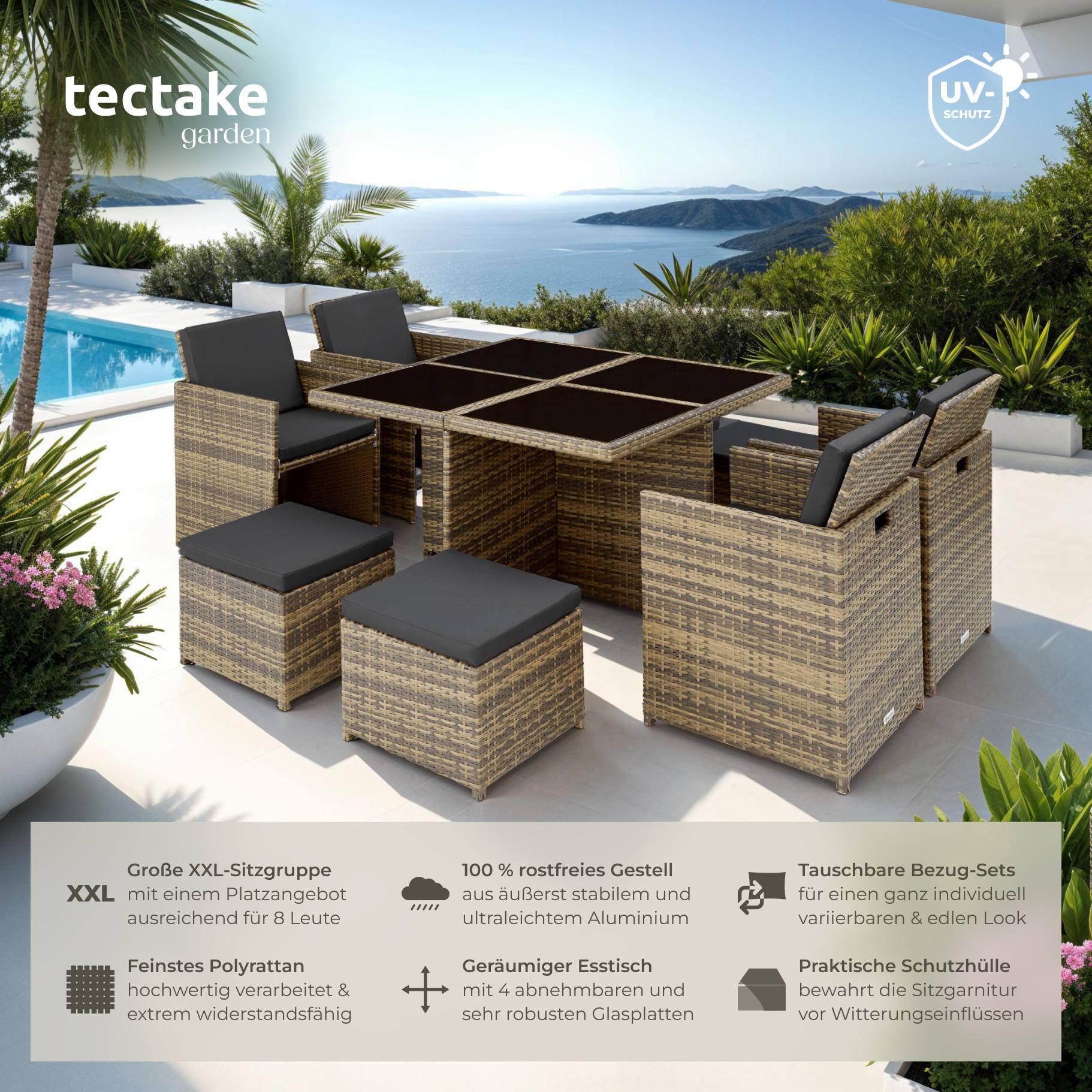 RATTAN SITZGRUPPE Manhattan,2 Bezugssets, zusammenschiebbar, inklusive Schutzhülle,natur - Naturfarben, Kunststoff - tectake