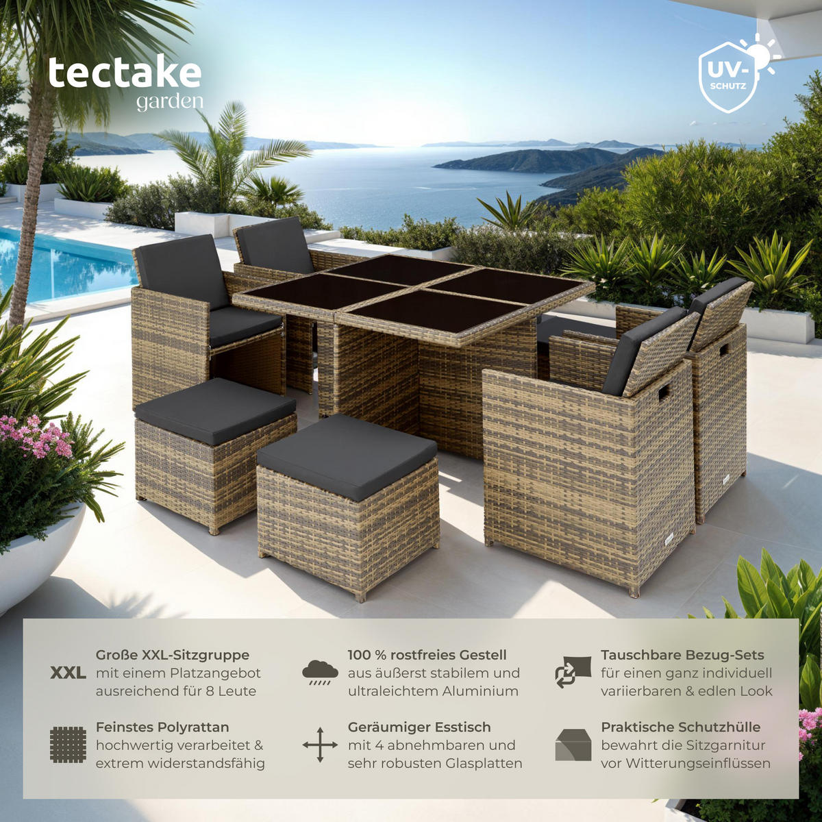 RATTAN SITZGRUPPE Manhattan,2 Bezugssets, zusammenschiebbar, inklusive Schutzhülle,natur - Naturfarben, Kunststoff - tectake