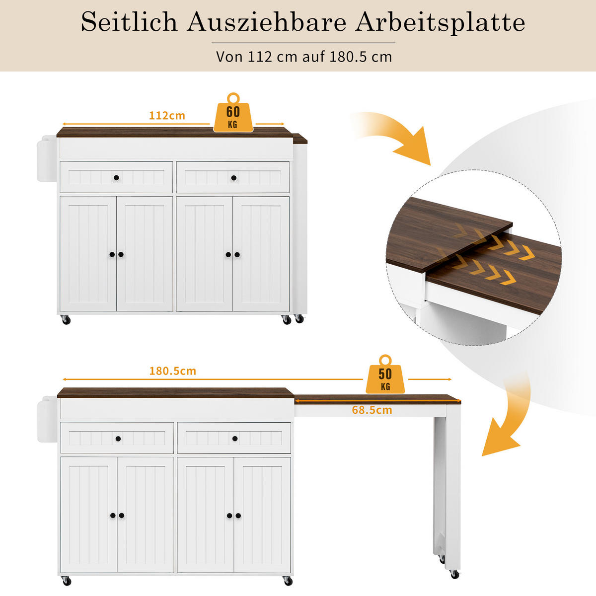 KÜCHENINSEL Weiß 180.5/45/92.2 cm - Weiß, Holzwerkstoff (180.5/92.2/45cm) - PANGIVO